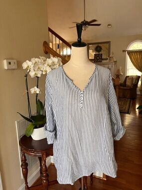 grand & greene Navy and White Striped V-Neck Tunic